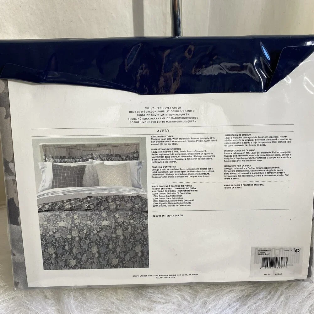 Ralph Lauren Avery Duvet Cover Full /Queen Gray Chrysanthemum Floral NEW